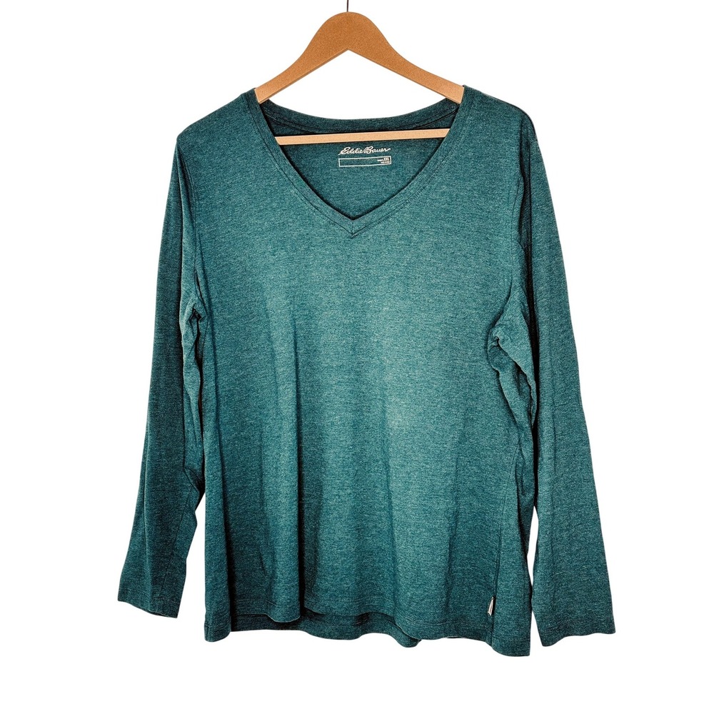 Eddie Bauer Womens XXL Teal Green Heathered Long Sleeve V-Neck T-Shirt Basic
